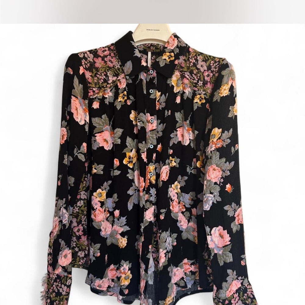 Free People Black Floral Button Down Shirt